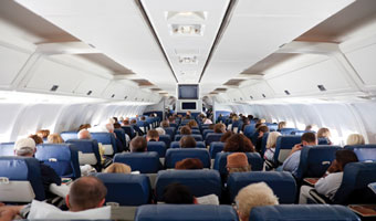 Interior aerial view of an airplane with passengers